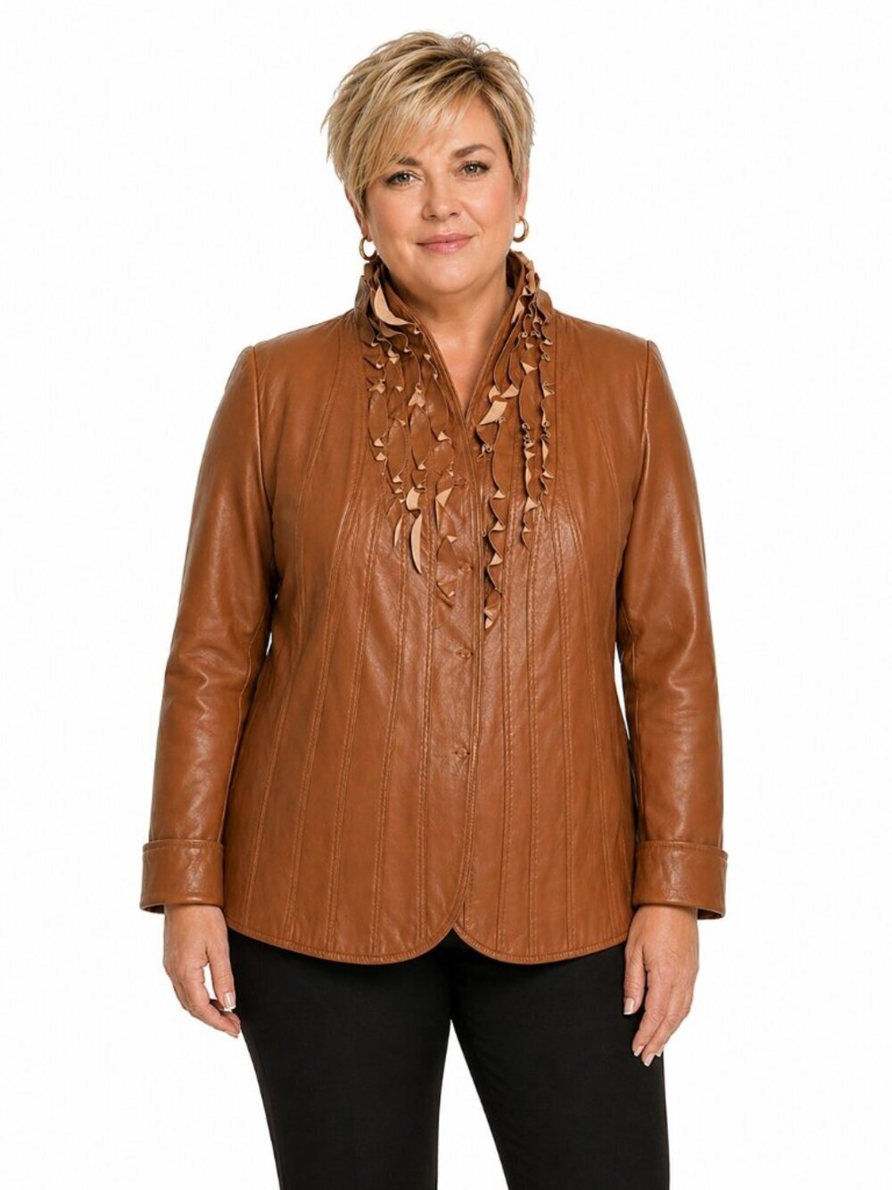 Elie Tahari Camel Brown Ruffle Trim Leather Jacket